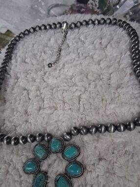 Turquoise Stone Silver Bead Necklace - Women Jewelry